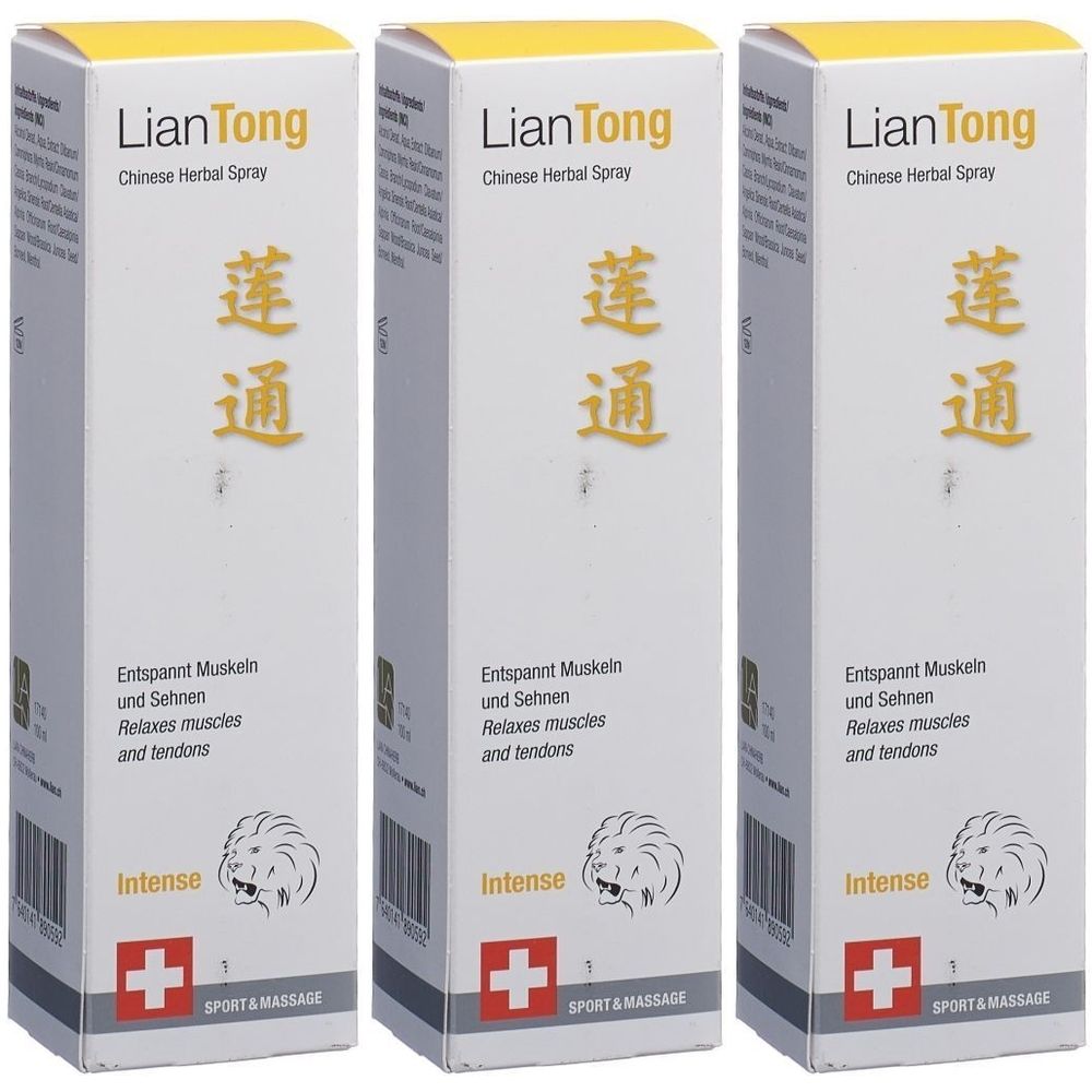 Trois boîtes rectangulaires avec couvercle jaune. Inscription : Lian Tong, Chinese Herbal Spray, 莲通. Texte : Détend les muscles et les tendons. Logo : Lion, croix rouge.