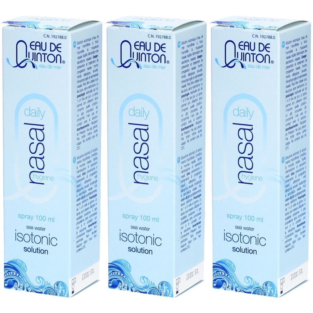 Trois sprays nasaux Quinton, solution saline isotonique, 100 ml.
