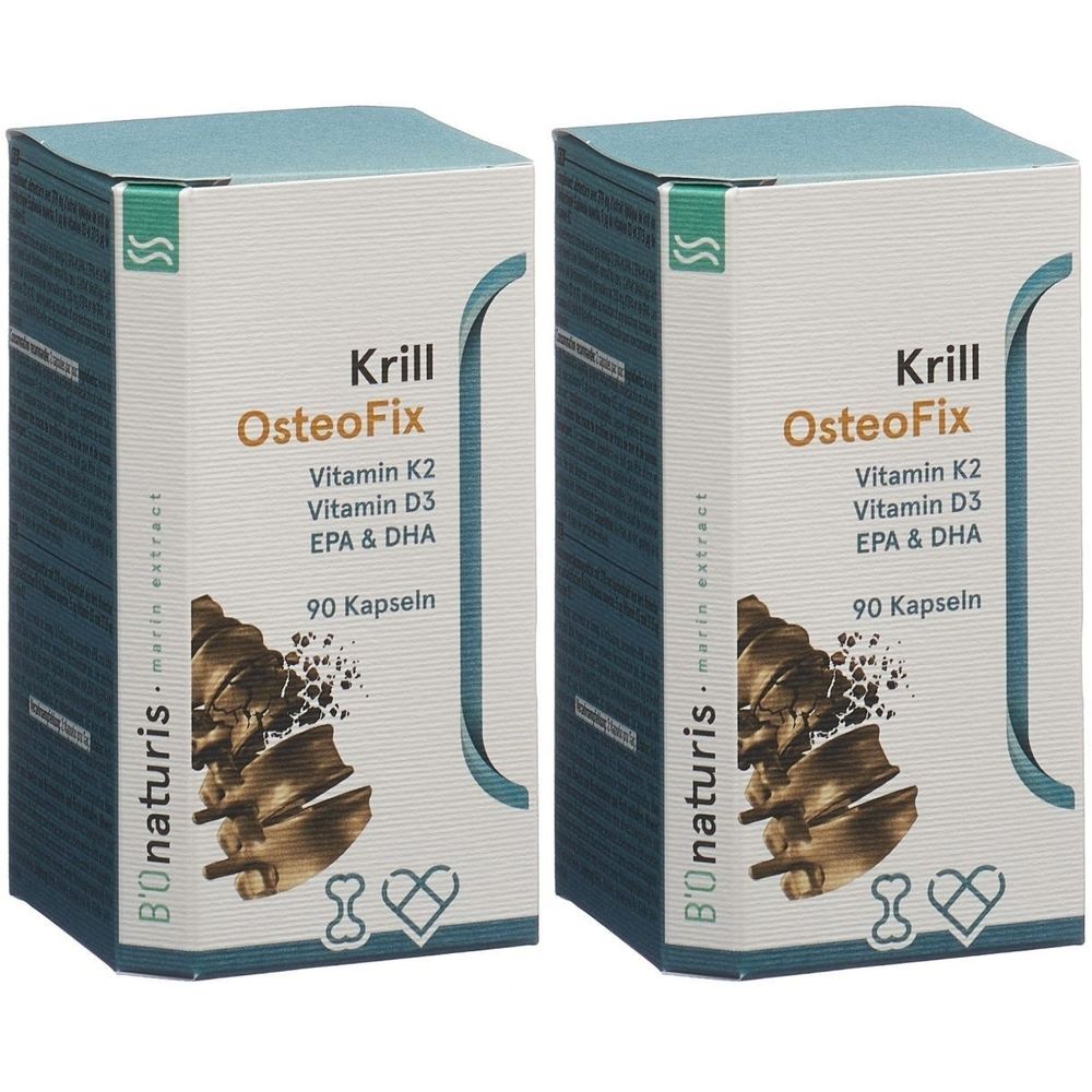 Deux boîtes de gélules "Krill OsteoFix". Inscription : Vitamine K2, Vitamine D3, EPA & DHA, 90 gélules. Marque : B'Onaturis.