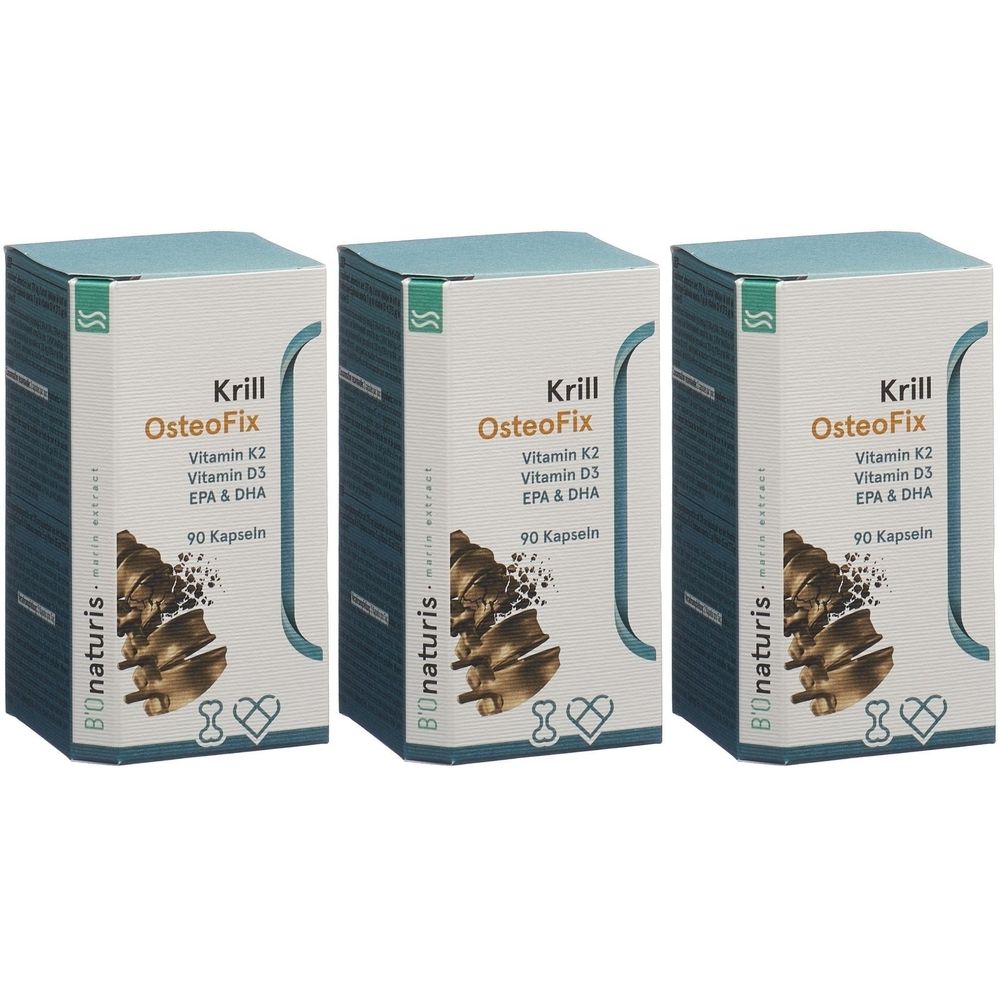 Trois boîtes de BIONATURIS Krill OsteoFix. Inscription : Krill OsteoFix, Vitamine K2, Vitamine D3, EPA & DHA, 90 gélules. Emballage bleu et blanc.