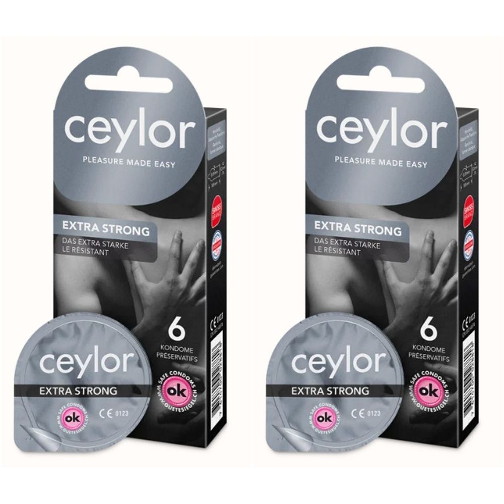 Deux boîtes de préservatifs Ceylor Extra Strong. Chaque boîte contient 6 préservatifs. Inscription : Extra Strong, logo ok.