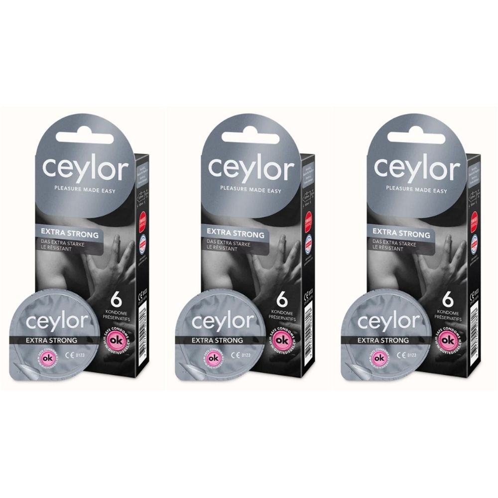 Trois emballages de préservatifs. Chaque emballage comprend une boîte et un emballage rond. Sur la boîte, on lit "ceylor EXTRA STRONG".