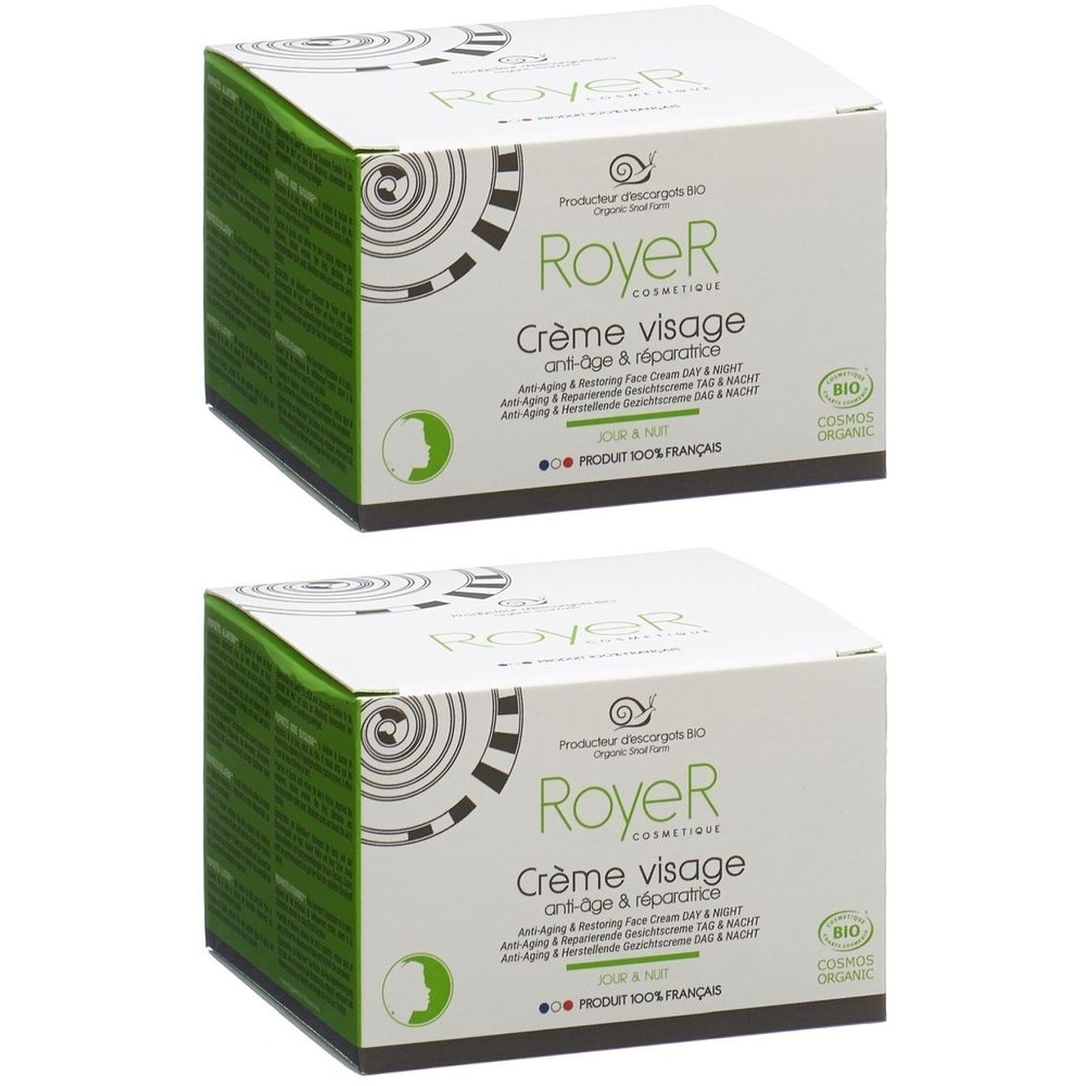 Deux boîtes carrées de crème anti-âge. Inscription: Royer, Crème visage anti-âge & réparation. Certification bio.