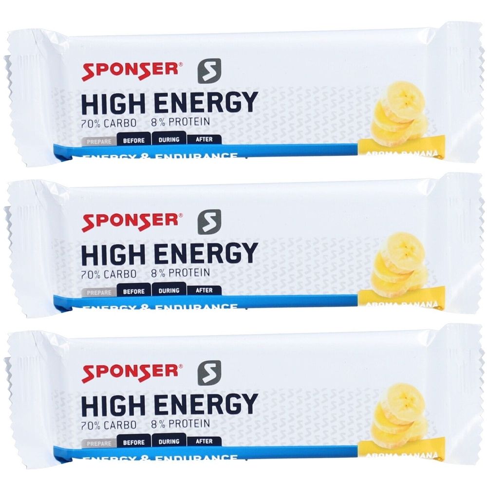 Trois barres énergétiques SPONSER. Emballage blanc avec texte rouge et noir. Inscription : High Energy, 70% Carbo, 8% Protein. Tranches de banane illustrées.
