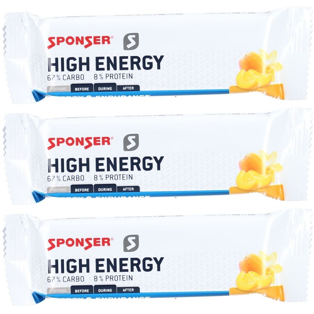 Trois barres emballées. Inscription: SPONSER HIGH ENERGY, 67% Carbo, 8% Protein. Illustration d'abricot et vanille. Emballage blanc.