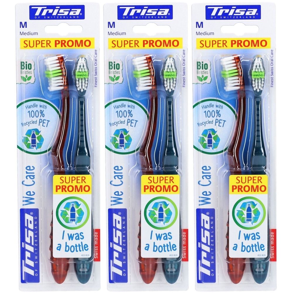 Trois brosses à dents dans un emballage. Soies bleues, rouges et vertes. Inscription: Trisa, We Care, Super Promo, I was a bottle.