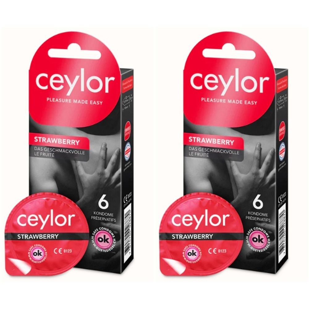 Deux boîtes de préservatifs Ceylor Strawberry. Chaque boîte contient 6 préservatifs.