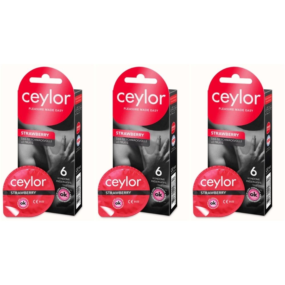 Trois boîtes de préservatifs Ceylor saveur fraise. Chaque boîte affiche le nom de la marque, le goût fraise et le nombre 6. Préservatifs individuels visibles.