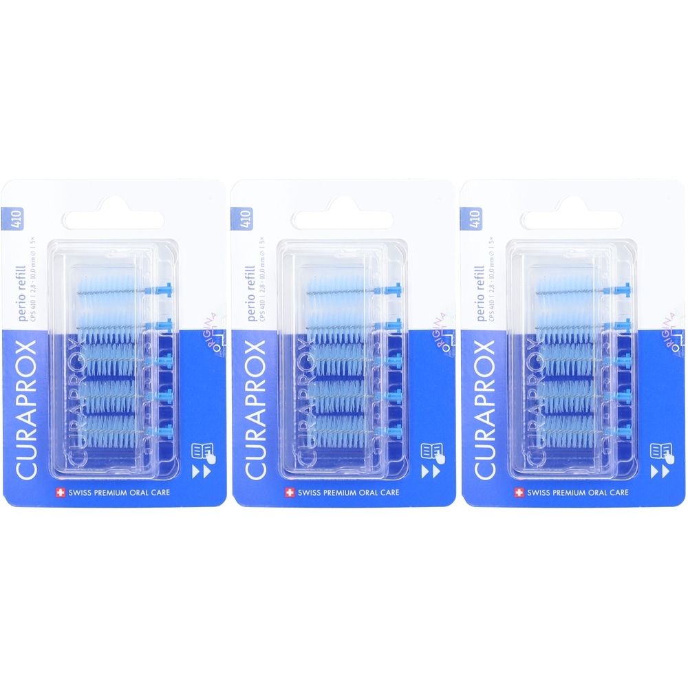 Trois paquets de Curaprox CPS 410 Start Brossettes interdentaires. Têtes de brosse bleues en blisters transparents. Emballage bleu avec logo.