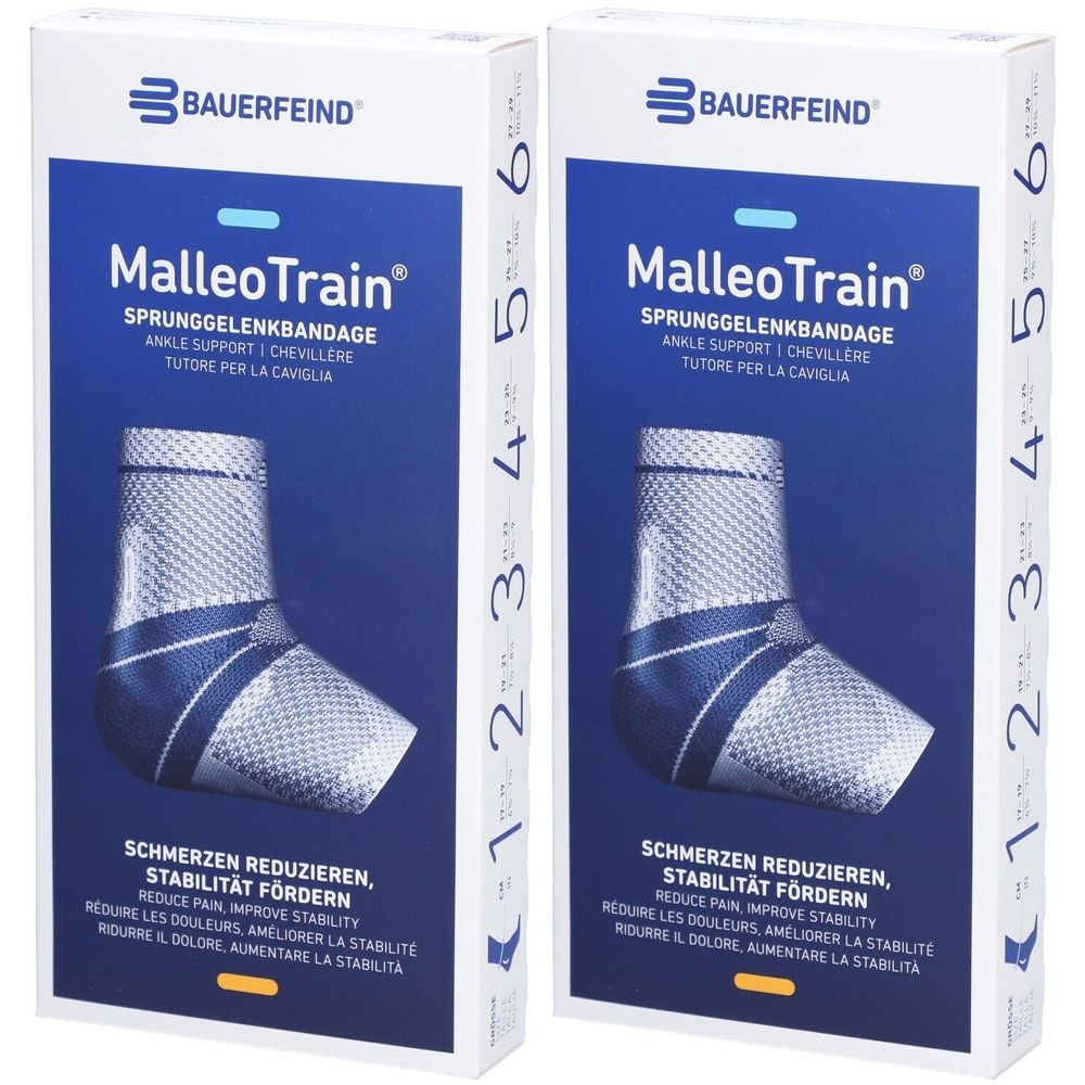 Deux boîtes de MalleoTrain. Marque Bauerfeind, indications de taille, image du produit, texte sur les effets.