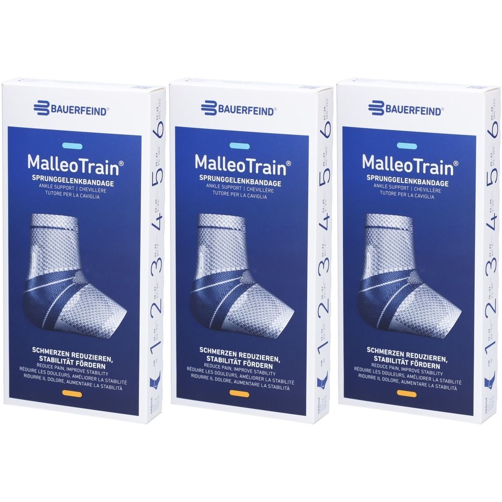 Trois boîtes de bandage de cheville MalleoTrain. Bandage bleu et blanc illustré sur les boîtes. Logo Bauerfeind.