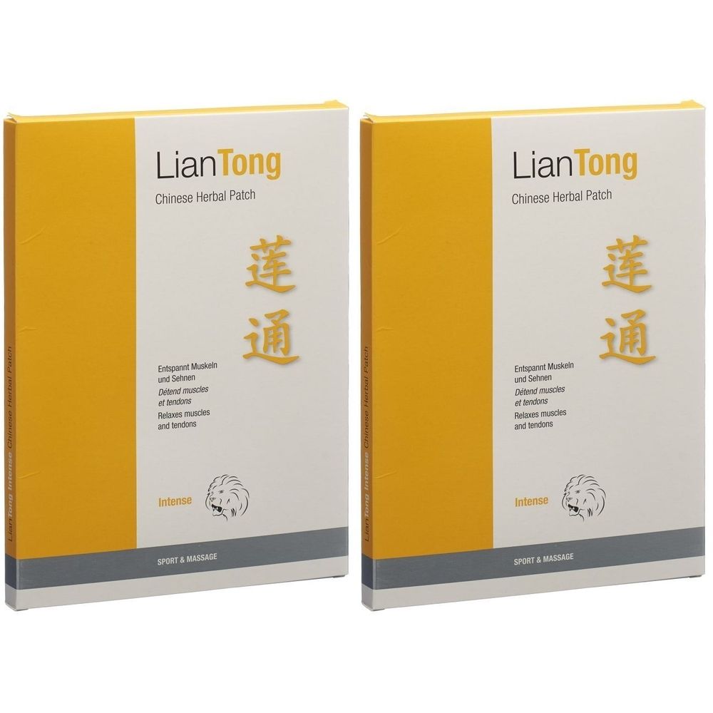 Deux boîtes rectangulaires. Inscription: LianTong Chinese Herbal Patch. Couleurs jaune et blanc. Texte en allemand, anglais et chinois.