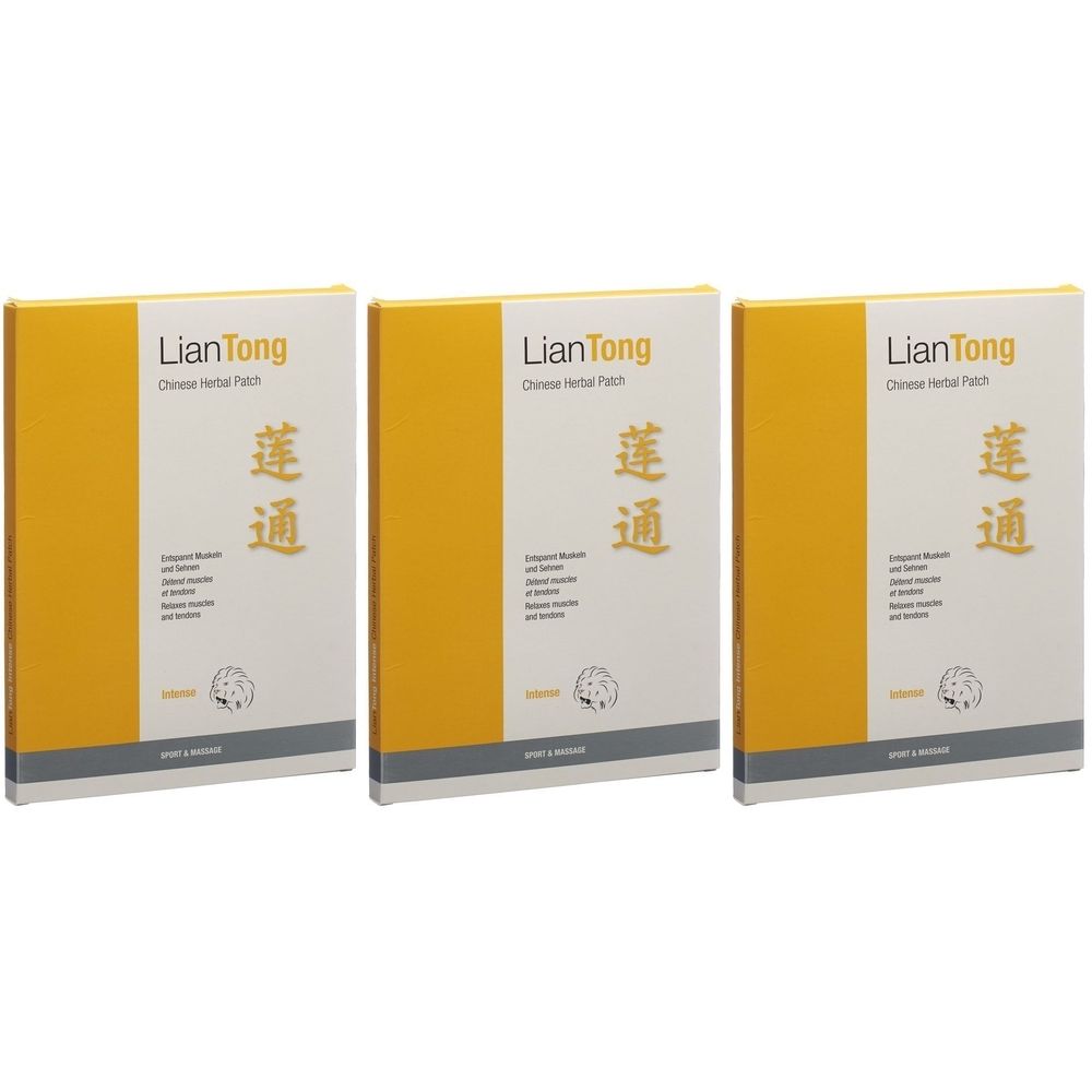 Trois boîtes de LIANTONG Chinese Herbal Patch. Design jaune et blanc avec nom du produit et caractères chinois.