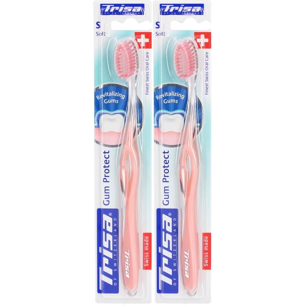 Deux brosses à dents Trisa Gum Protect, souples, roses. Emballées pour la vente au détail.
