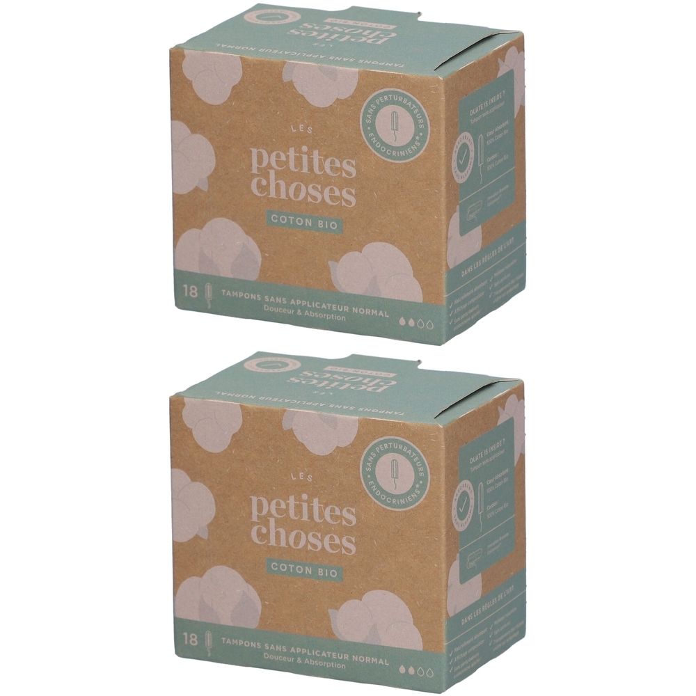 Deux boîtes de tampons. Inscription: LES PETITES CHOSES, Coton Bio, 18 unités, sans applicateur, normal. Emballage vert et marron.
