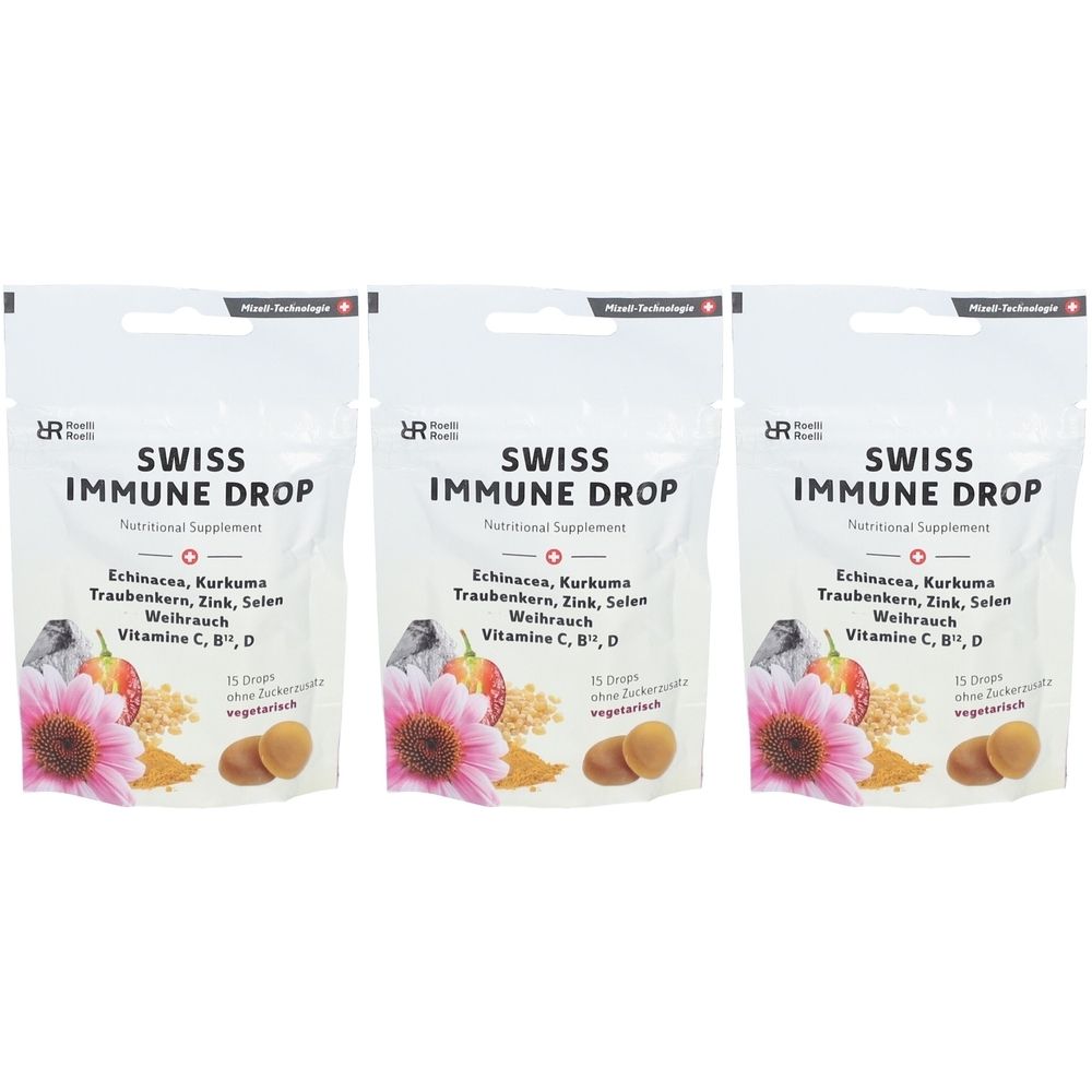 Trois sachets de "SWISS IMMUNE DROP". Inscription : Echinacea, Curcuma, Graines de raisin, Zinc, Sélénium, Encens, Vitamines C, B, D. 15 gouttes, sans sucre, végétarien.