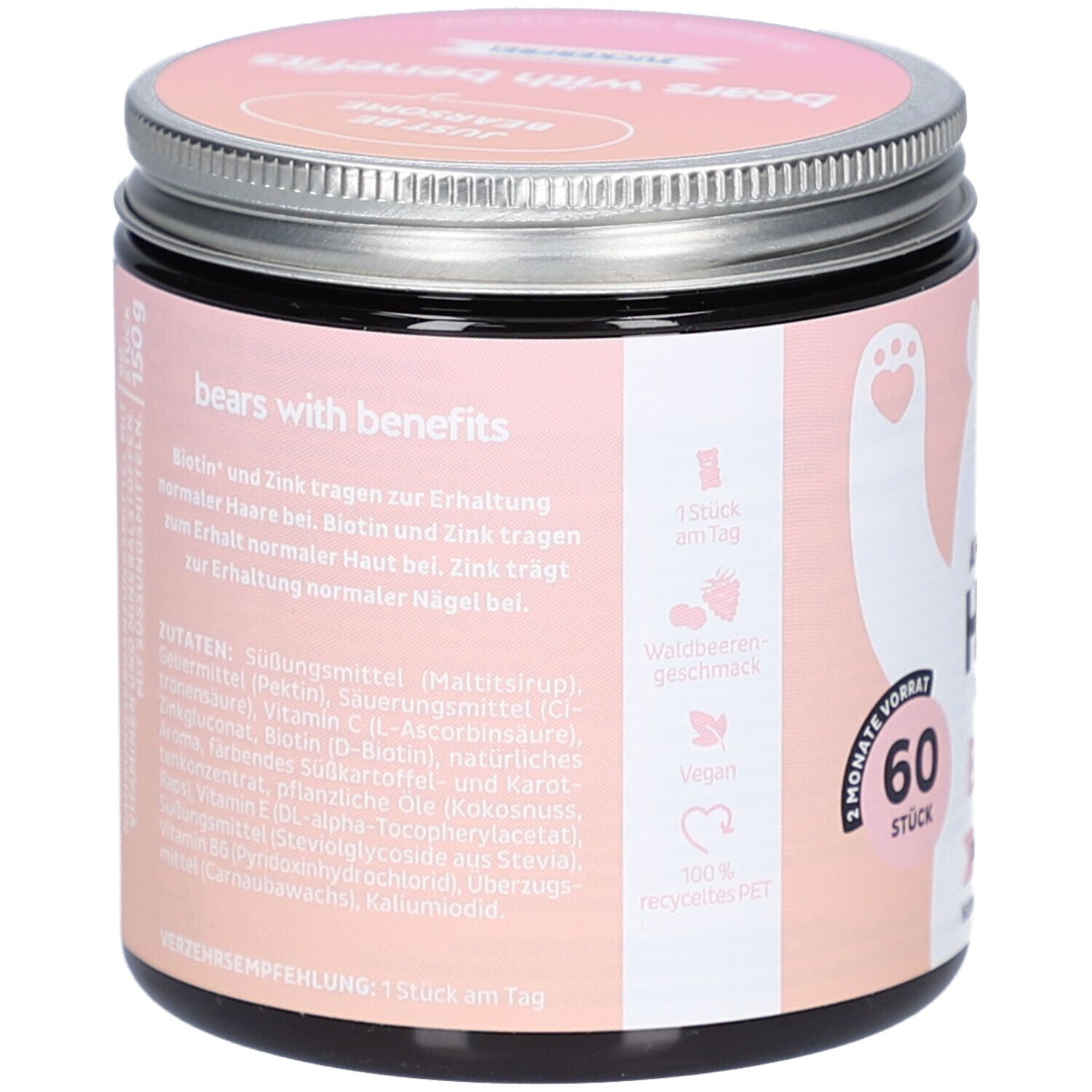 Dos du pot. Texte : Biotine et zinc pour cheveux et ongles. Liste des ingrédients. 60 pièces. PET 100% recyclé.