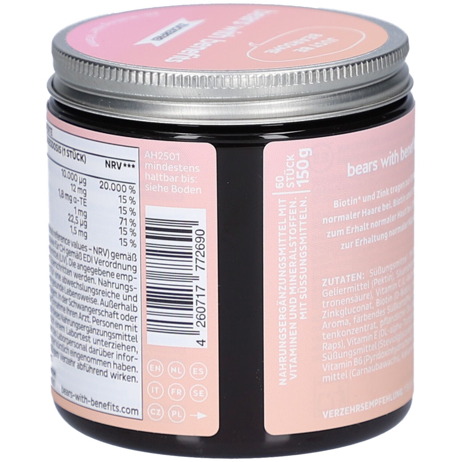 Dos du pot. Texte : Informations nutritionnelles, ingrédients. 60 pièces. Informations du fabricant. Code-barres.