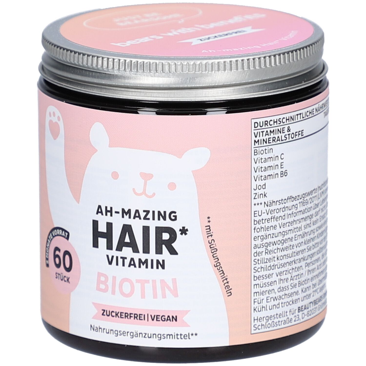 Pot de vitamines. Inscription : AH-MAZING HAIR VITAMIN BIOTIN. 60 pièces. Illustration d'ours. Sans sucre, végétalien.