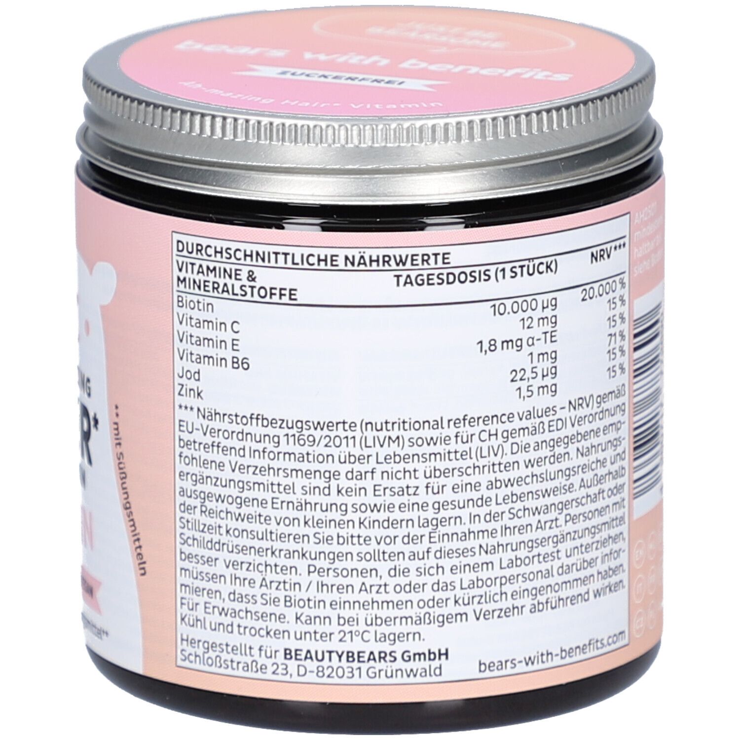Dos du pot. Texte : Informations nutritionnelles, ingrédients. 60 pièces. Informations du fabricant.