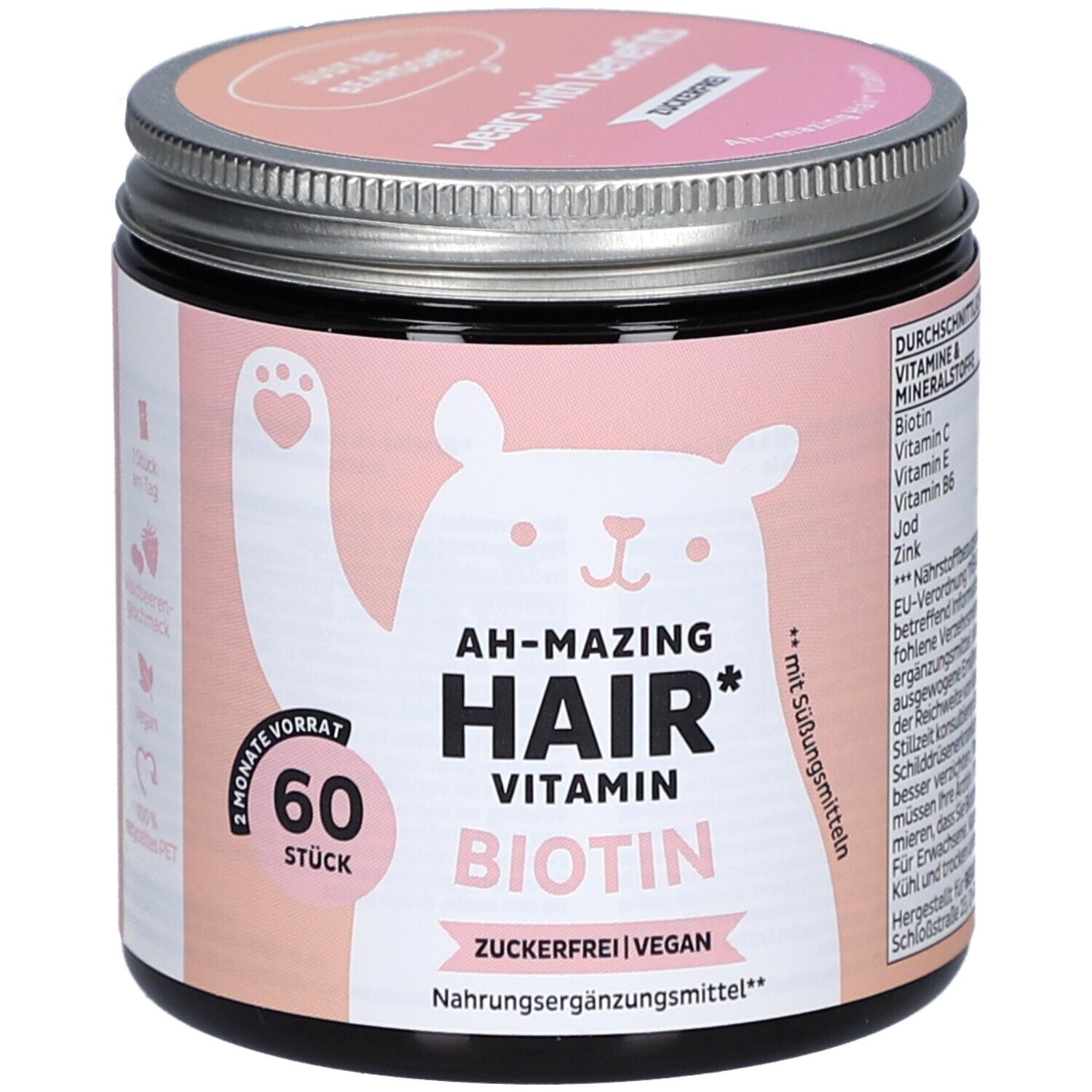 Pot de vitamines. Inscription : AH-MAZING HAIR VITAMIN BIOTIN. 60 pièces. Illustration d'ours. Sans sucre, végétalien.