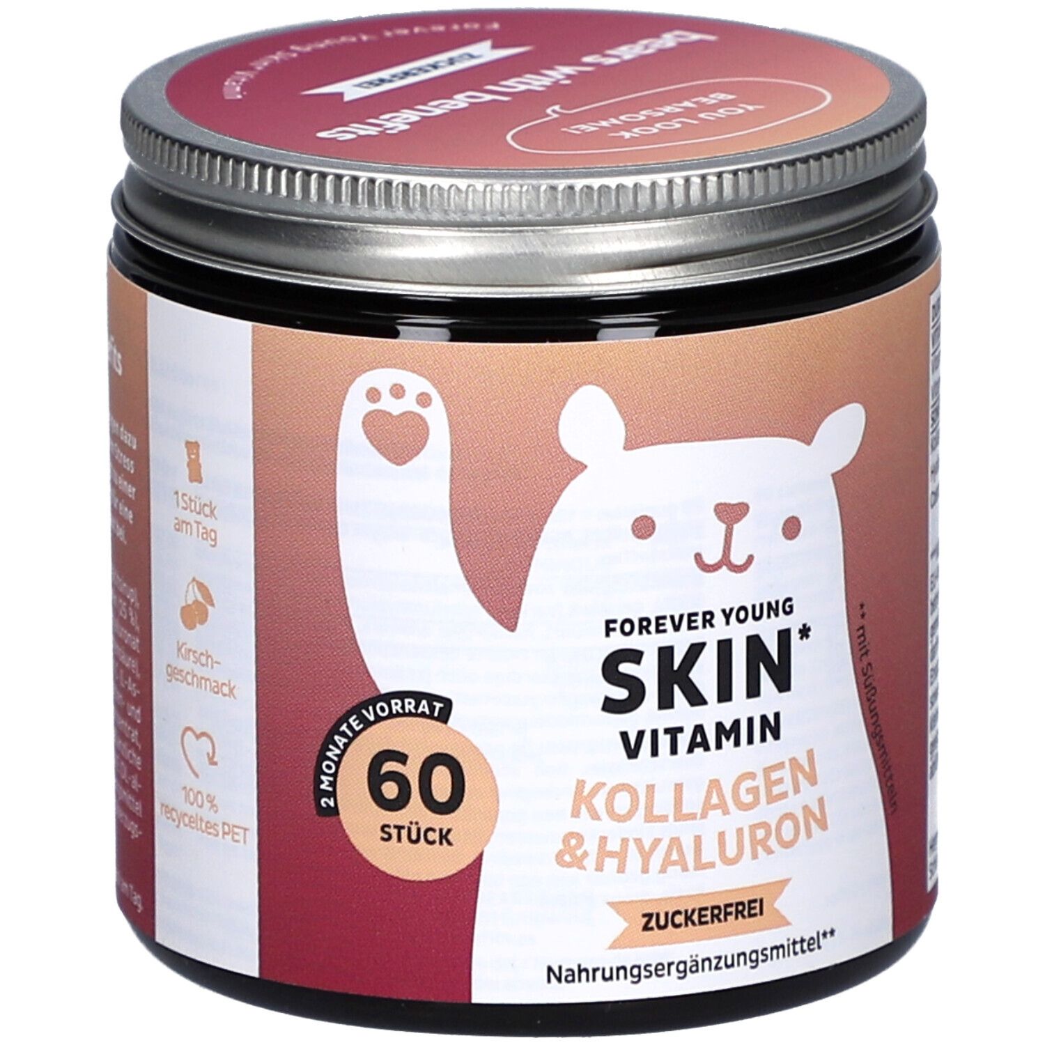 Pot avec couvercle. Inscription : Forever Young Skin Vitamin, Kollagen & Hyaluron, sans sucre. 60 pièces. Illustration d'ours.