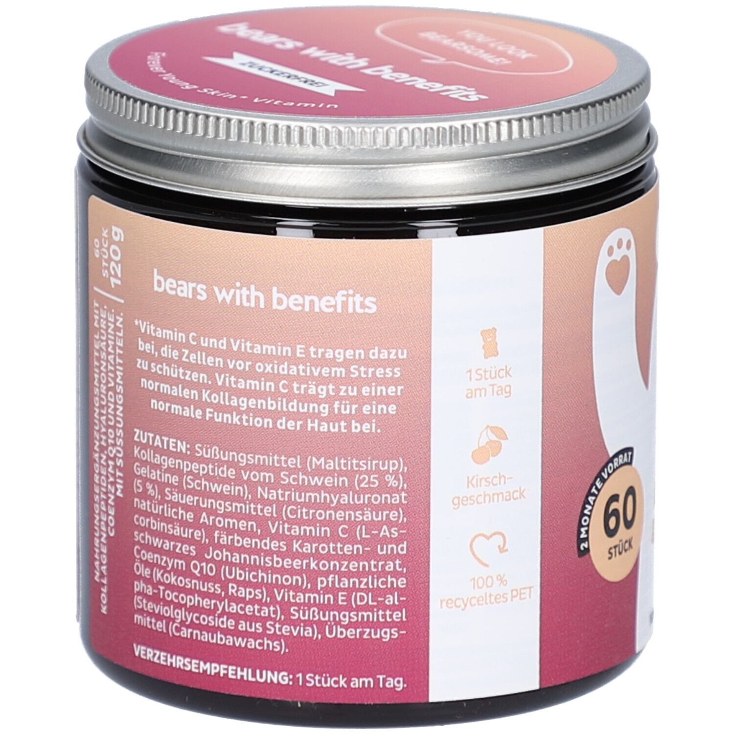 Pot avec couvercle. Dos avec liste des ingrédients, 120g, 1 pièce par jour, goût cerise, 100% PET recyclé. Texte en allemand.