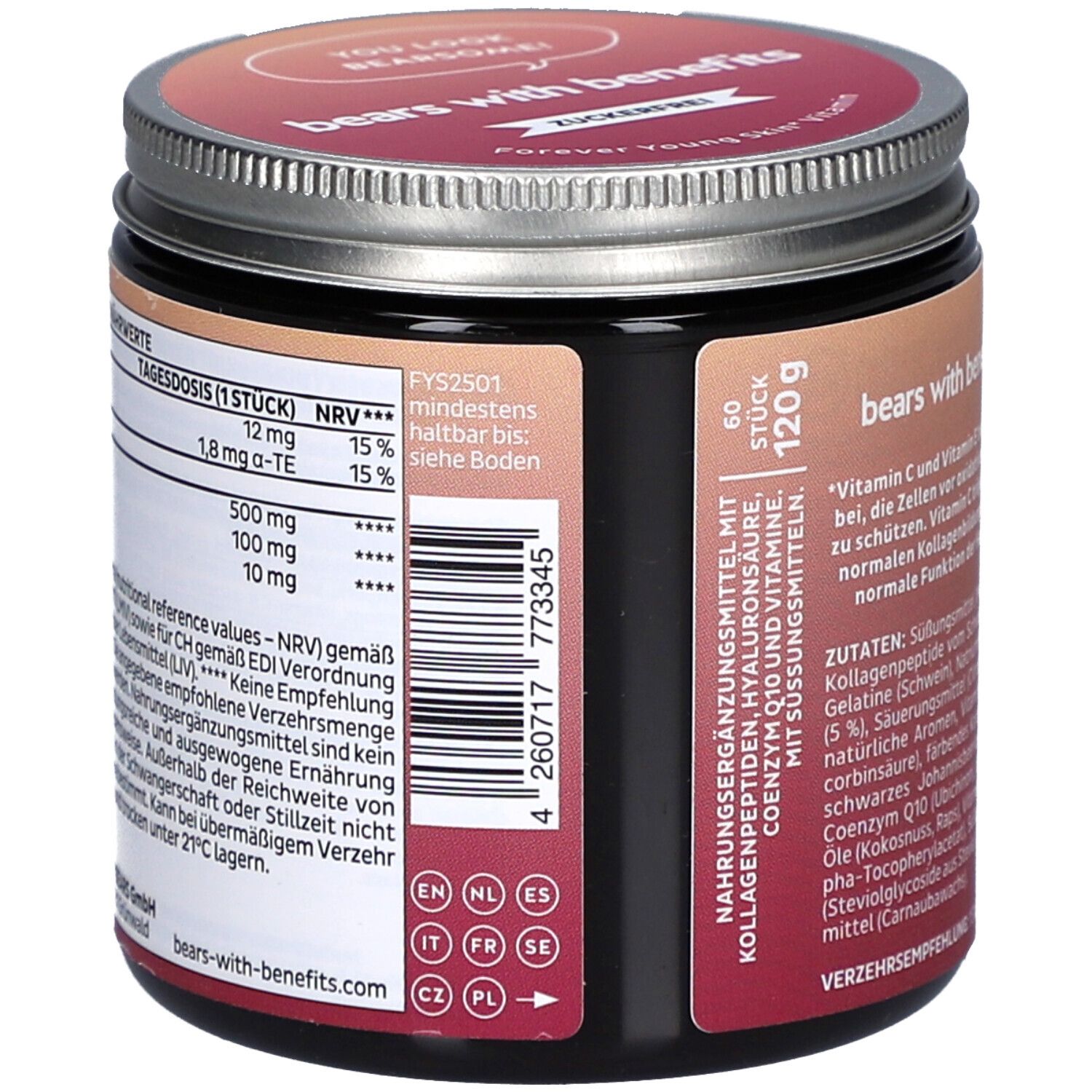 Pot avec couvercle. Dos avec informations nutritionnelles, date de péremption, code-barres. Texte en allemand.