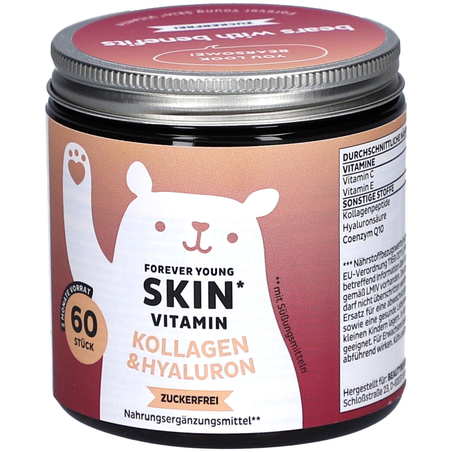 Pot avec couvercle. Inscription : Forever Young Skin Vitamin, Kollagen & Hyaluron, sans sucre. 60 pièces. Illustration d'ours.