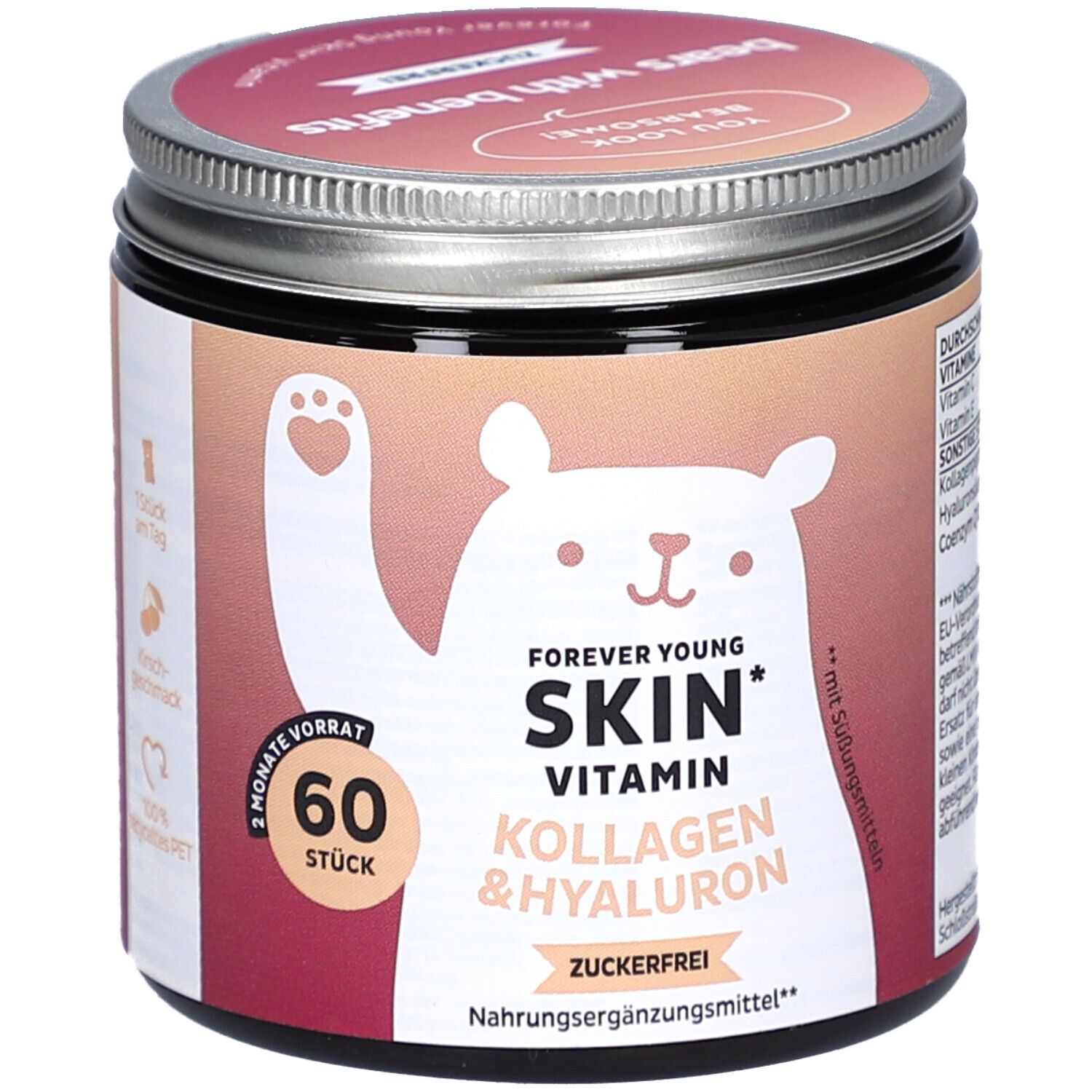 Pot avec couvercle. Inscription : Forever Young Skin Vitamin, Kollagen & Hyaluron, sans sucre. 60 pièces. Illustration d'ours.