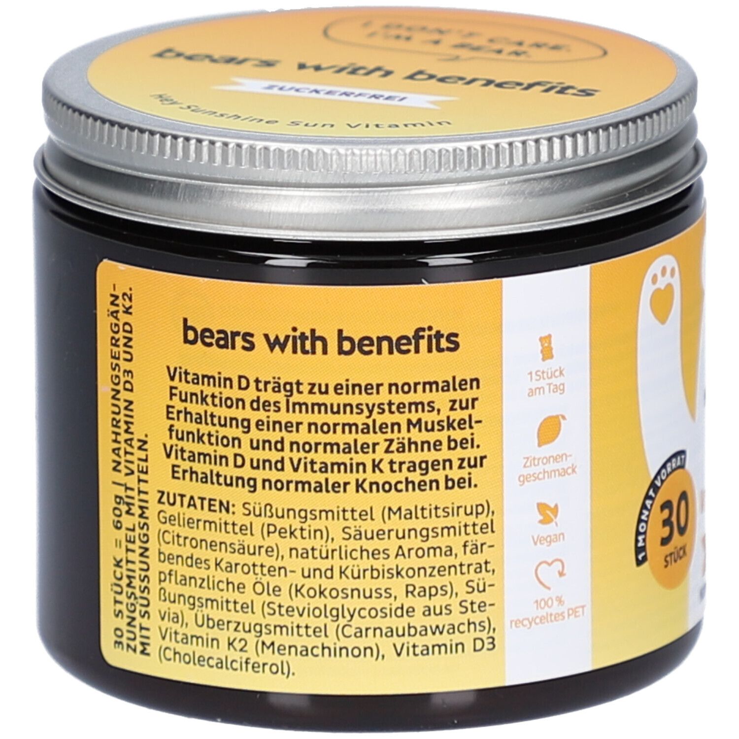 Pot avec couvercle. Inscription: bears with benefits. Liste des ingrédients et informations nutritionnelles. 30 pièces. Végétalien. PET 100% recyclé.