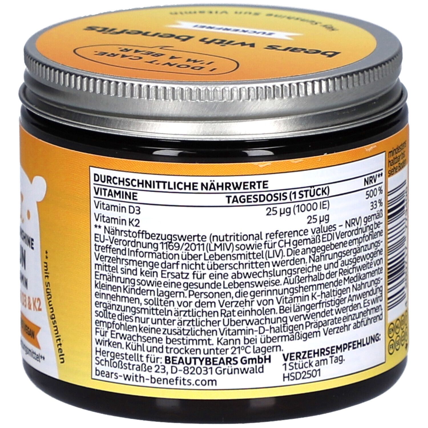 Pot avec couvercle. Inscription: HEY SUNSHINE SUN VITAMIN D3 & K2. Informations nutritionnelles. Végétalien. Fabricant: BEAUTYBEARS. 1 pièce par jour.