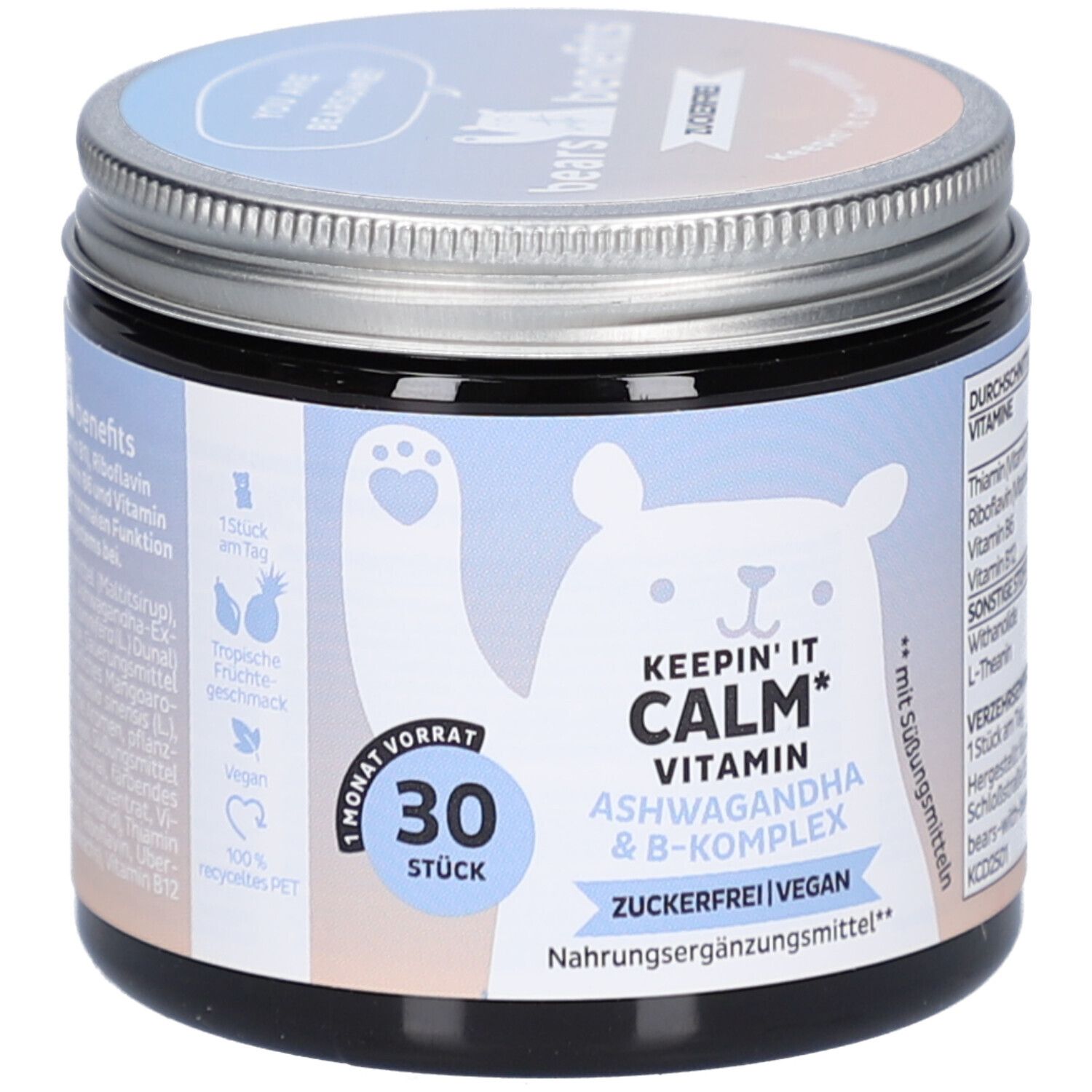 Pot avec couvercle. Inscription: KEEP'IN IT CALM Vitamin Ashwagandha & B-Komplex. 30 pièces. Vegan. Sans sucre. Complément alimentaire.