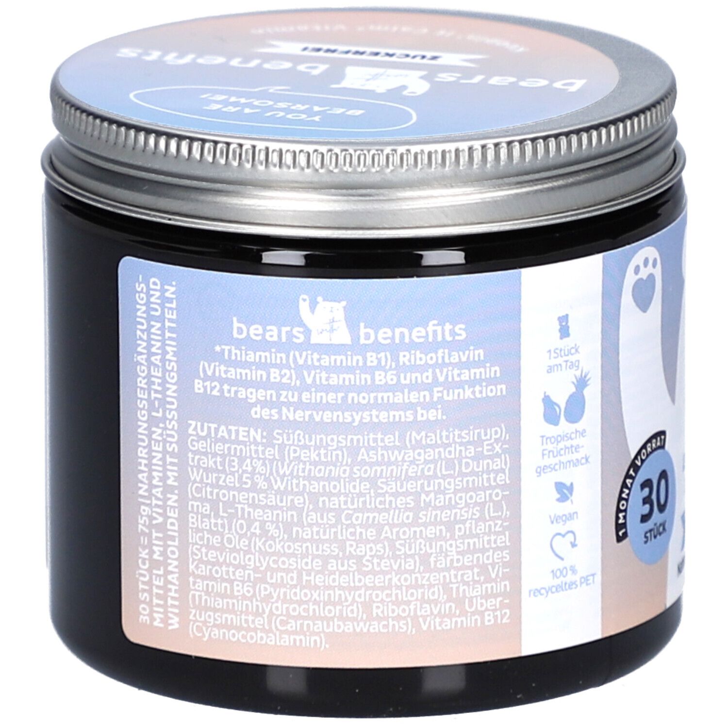Pot avec couvercle. Inscription: bears with benefits. Liste des ingrédients et informations nutritionnelles. 30 pièces. Vegan. PET 100% recyclé.