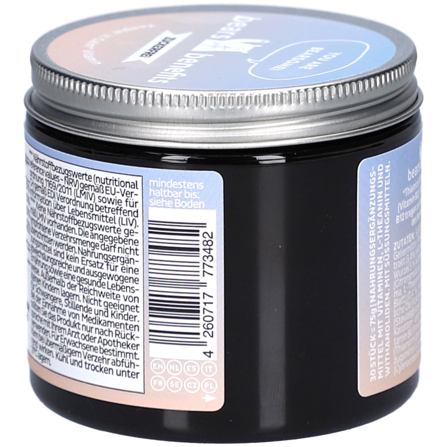 Pot avec couvercle. Inscription: bears with benefits. Code-barres et informations. A consommer de préférence avant. Informations nutritionnelles.