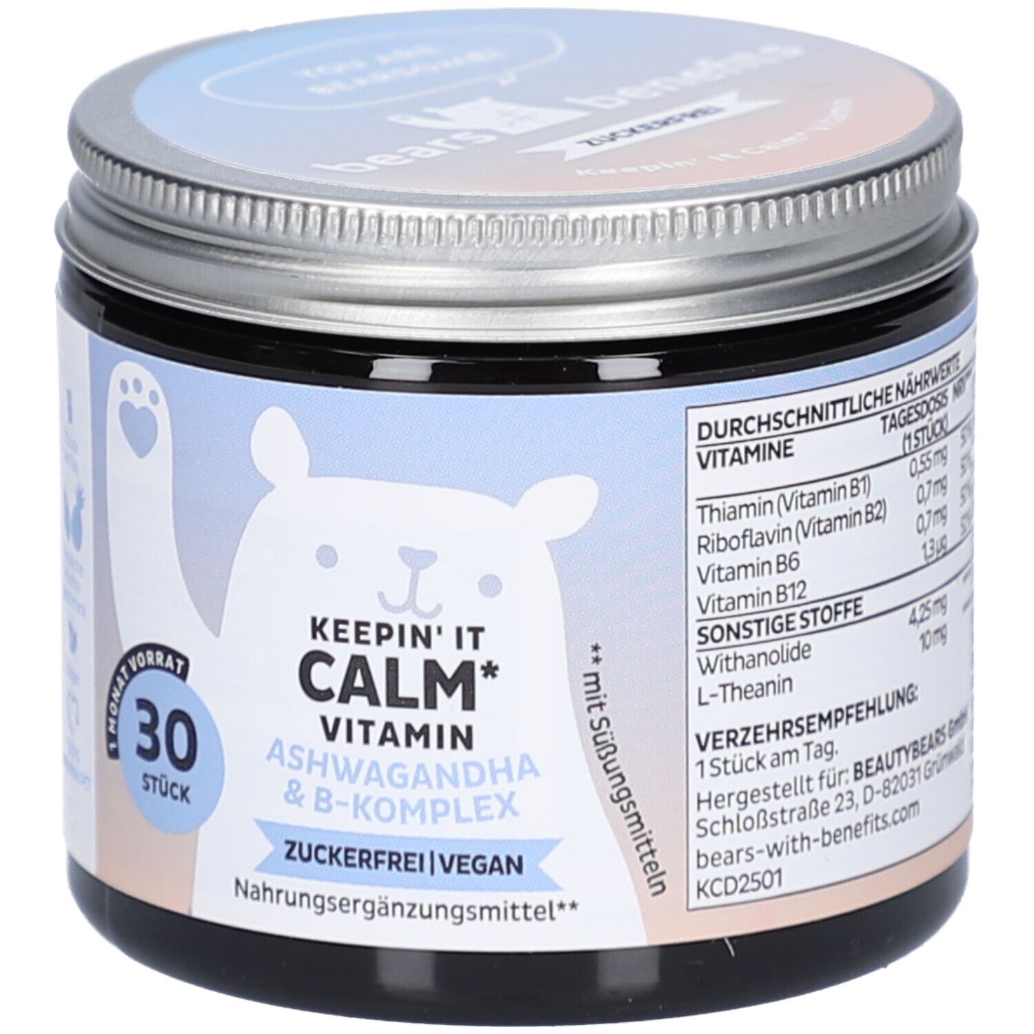 Pot avec couvercle. Inscription: KEEP'IN IT CALM Vitamin Ashwagandha & B-Komplex. 30 pièces. Vegan. Sans sucre. Informations nutritionnelles.