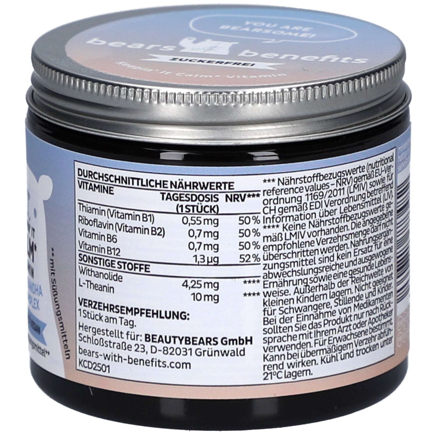 Pot avec couvercle. Inscription: bears with benefits. Informations nutritionnelles. Recommandation: 1 pièce par jour. Fabriqué par BEAUTYBEARS GmbH.
