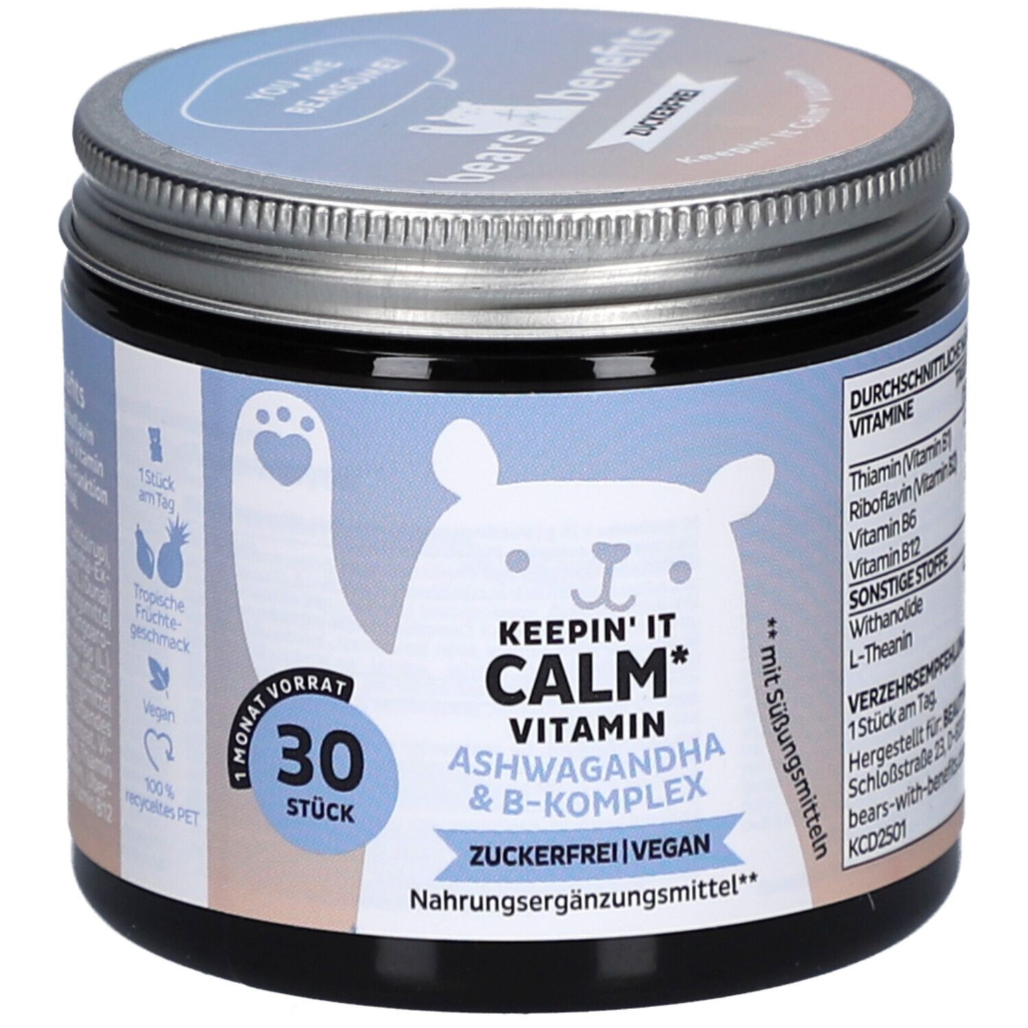 Pot avec couvercle. Inscription: KEEP'IN IT CALM Vitamin Ashwagandha & B-Komplex. 30 pièces. Vegan. Sans sucre. Complément alimentaire.