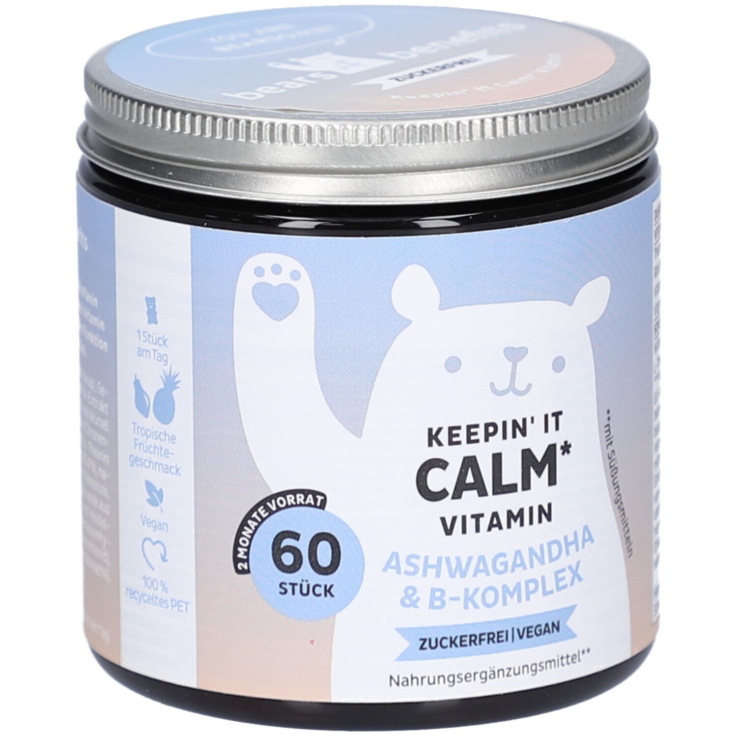 Pot avec couvercle. Inscription: KEEP'IN IT CALM Vitamin, Ashwagandha & B-Komplex. 60 pièces. Vegan. Sans sucre. Illustration d'ours.