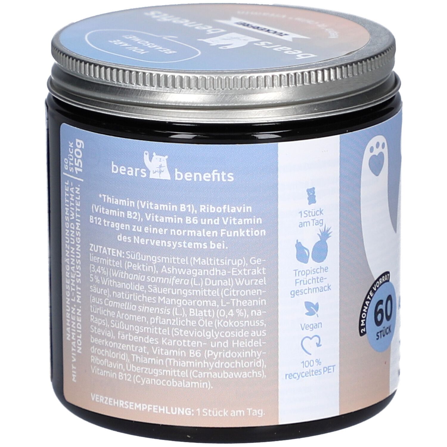 Pot avec couvercle. Dos avec liste des ingrédients et recommandations. 150g. Goût de fruits tropicaux. Vegan. PET 100% recyclé.
