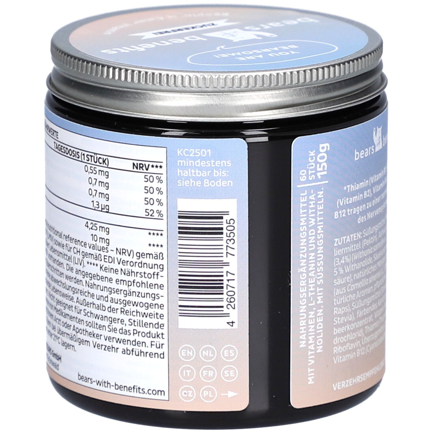 Pot avec couvercle. Vue latérale avec informations nutritionnelles et date de péremption. 150g. Avec vitamines et édulcorants.