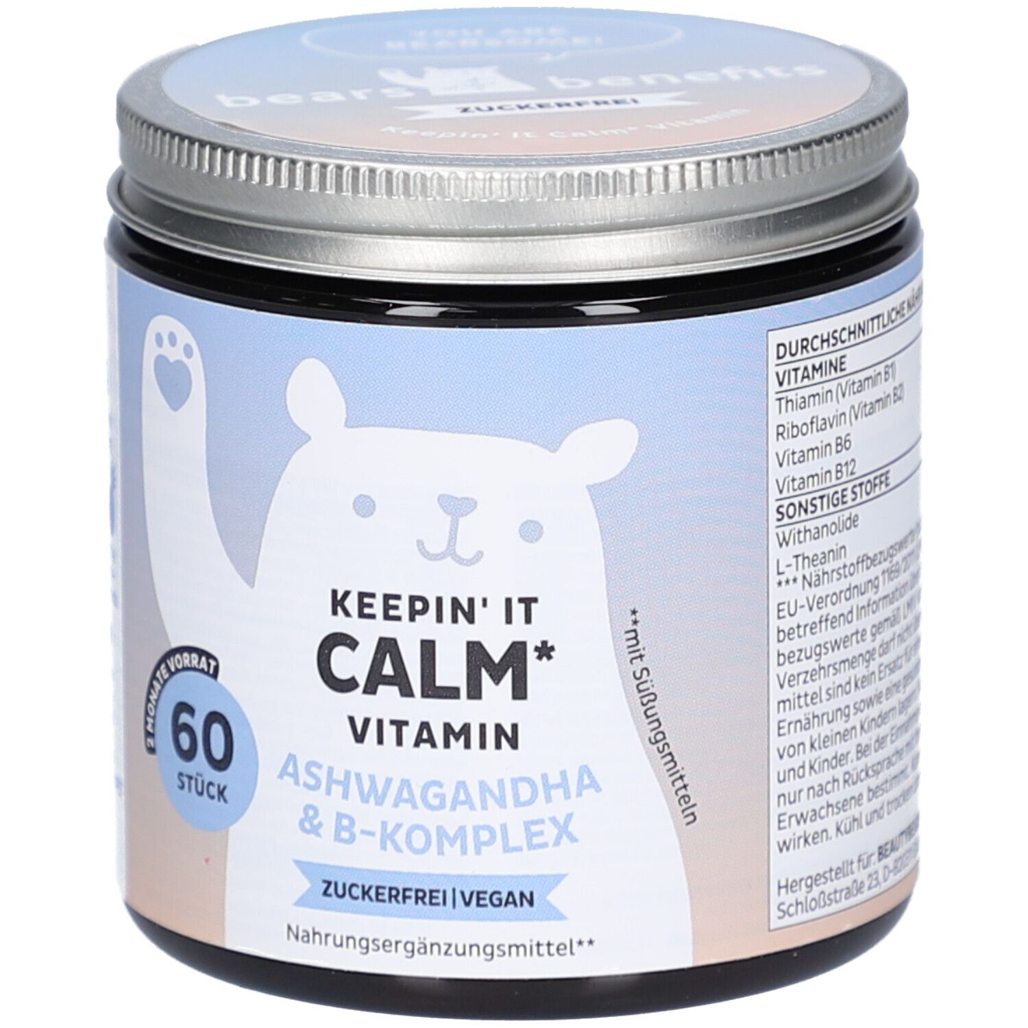 Pot avec couvercle. Inscription: KEEP'IN IT CALM Vitamin, Ashwagandha & B-Komplex. 60 pièces. Vegan. Sans sucre. Illustration d'ours.