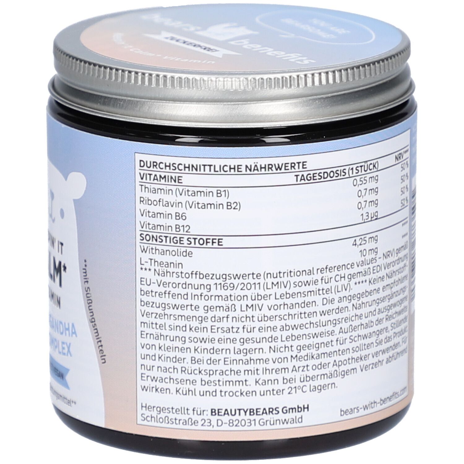 Pot avec couvercle. Vue latérale avec informations nutritionnelles. Avec vitamines et édulcorants. bears-with-benefits.com. 150g.