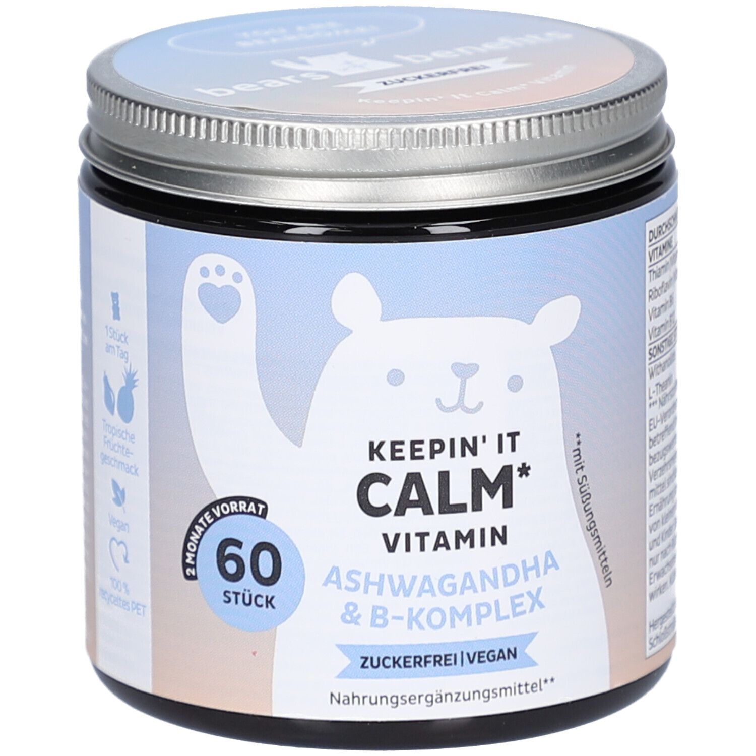 Pot avec couvercle. Inscription: KEEP'IN IT CALM Vitamin, Ashwagandha & B-Komplex. 60 pièces. Vegan. Sans sucre. Illustration d'ours.