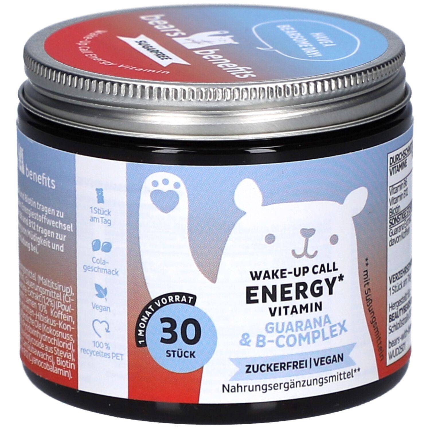 Pot "BEAR WITH BENEFITS" avec "Wake-up Call Energy". Contient 30 pièces. Végétalien, sans sucre. Avec complexe B et guarana.