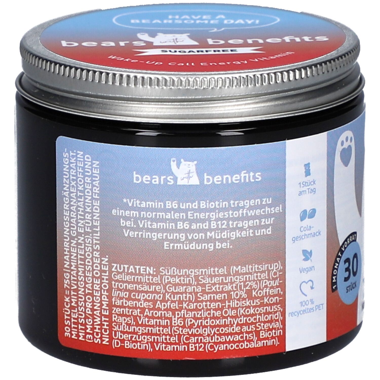 Pot "BEAR WITH BENEFITS". Dos avec ingrédients et informations nutritionnelles. 30 pièces. Végétalien. PET 100% recyclé.