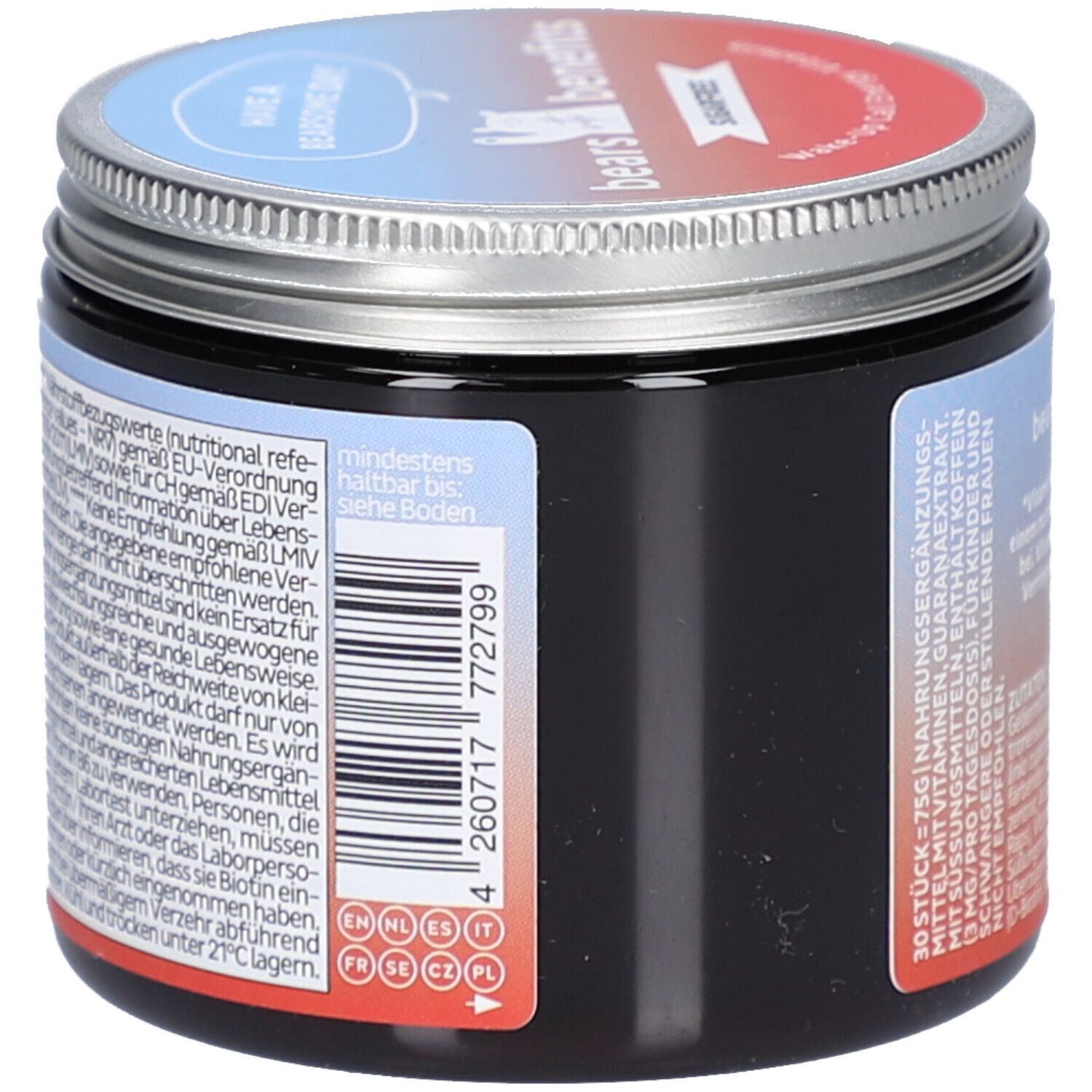 Pot "BEAR WITH BENEFITS". Vue latérale avec code-barres et texte. Contient 75g. Étiquetage multilingue.