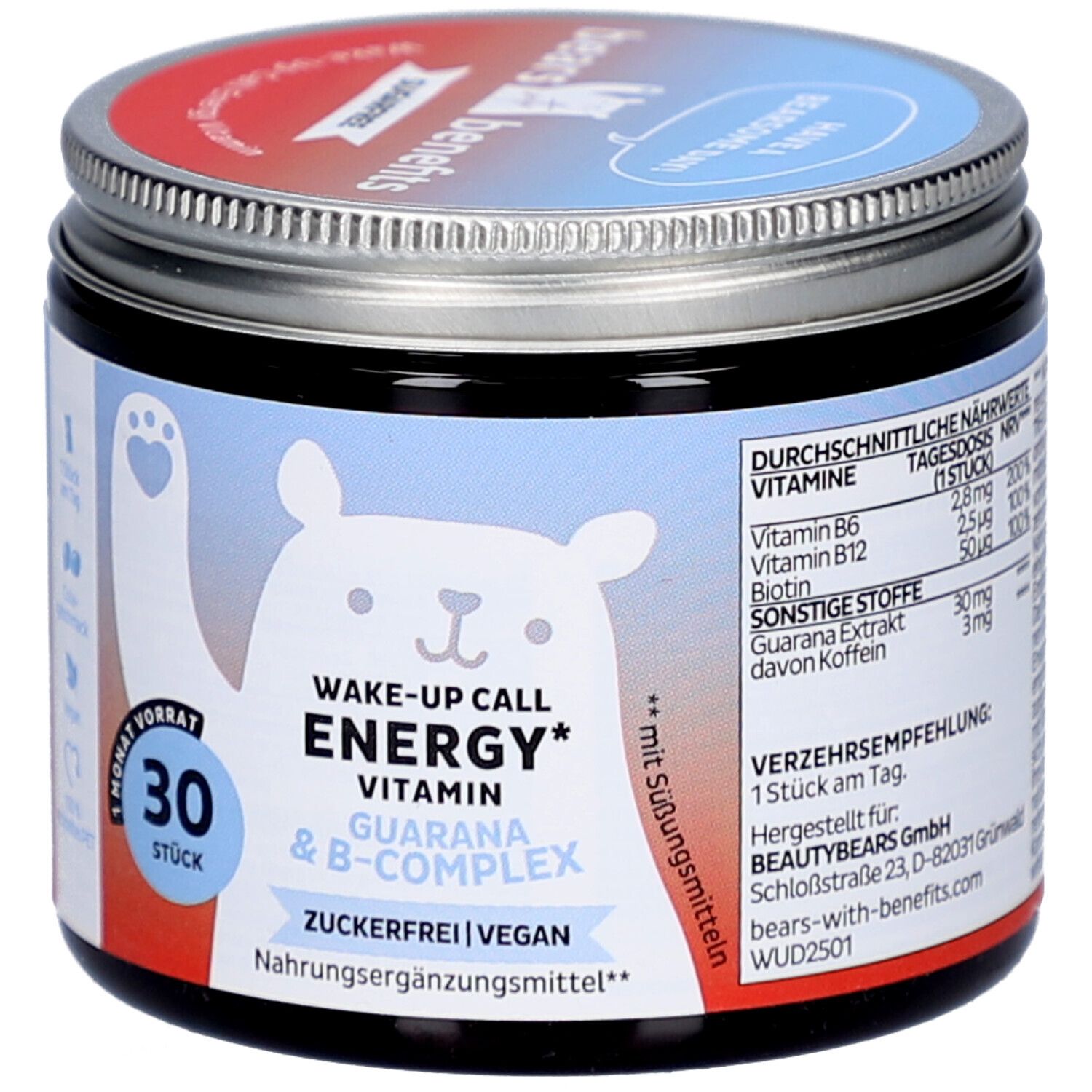 Pot "BEAR WITH BENEFITS" avec "Wake-up Call Energy". Contient 30 pièces. Végétalien, sans sucre. Avec complexe B et guarana.