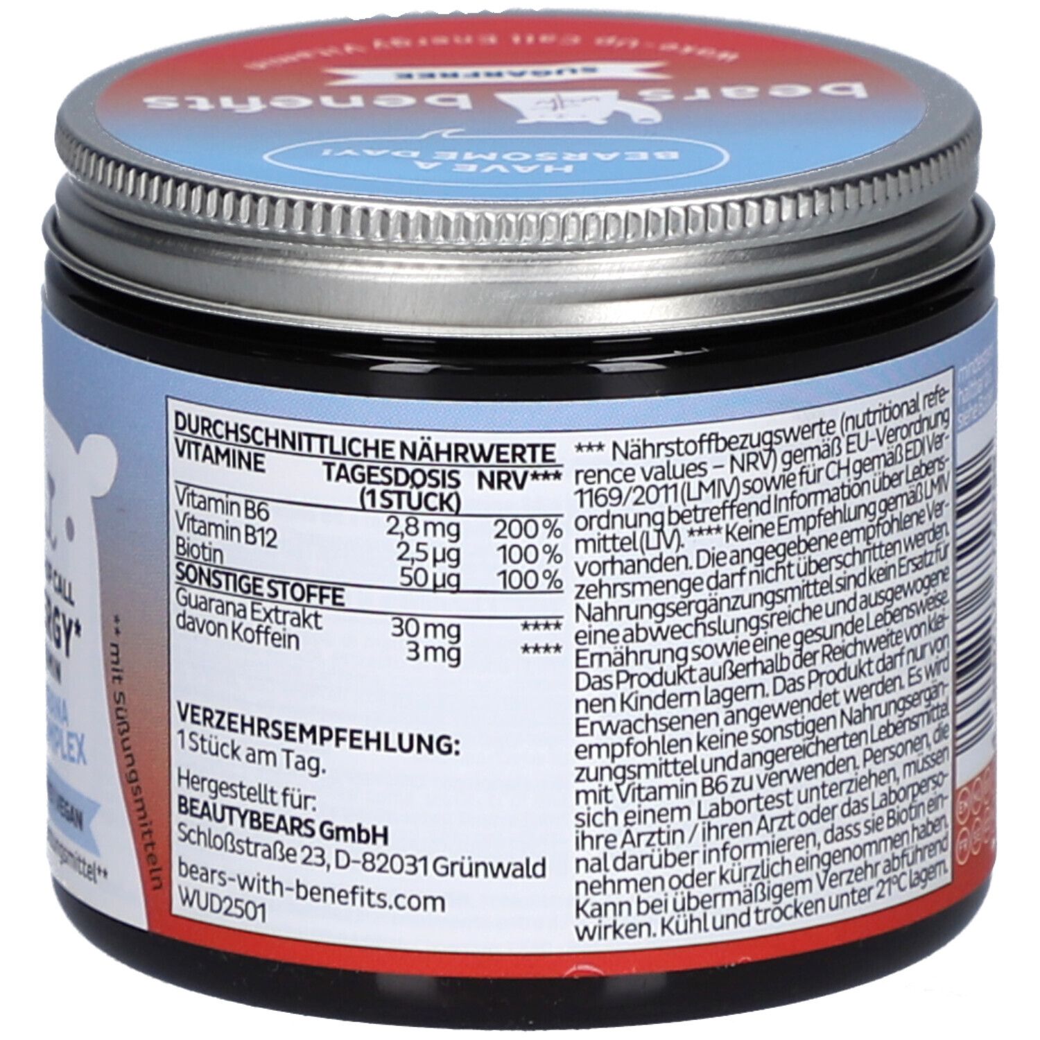 Pot "BEAR WITH BENEFITS". Dos avec informations nutritionnelles. Contient vitamines B6, B12, biotine. 1 pièce par jour.