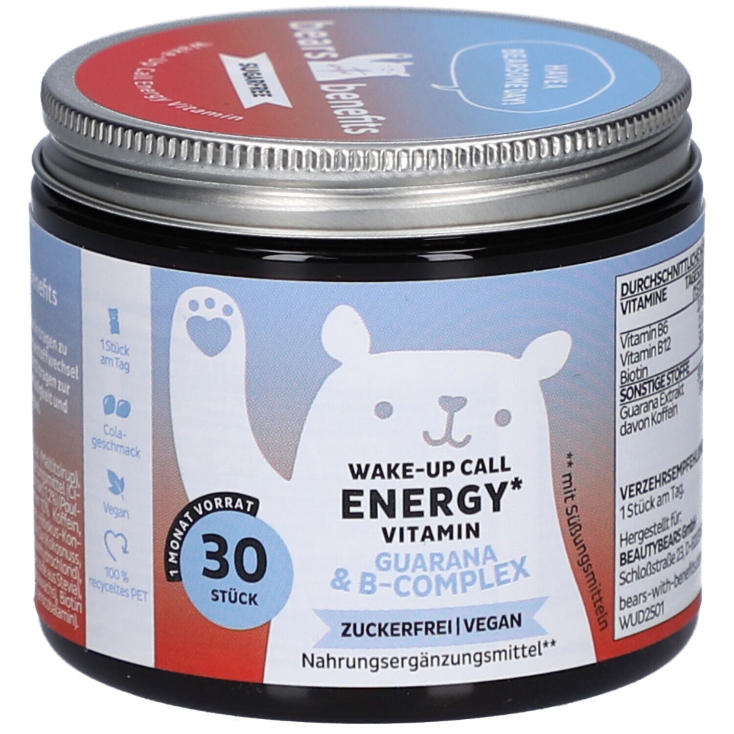 Pot "BEAR WITH BENEFITS" avec "Wake-up Call Energy". Contient 30 pièces. Végétalien, sans sucre. Avec complexe B et guarana.